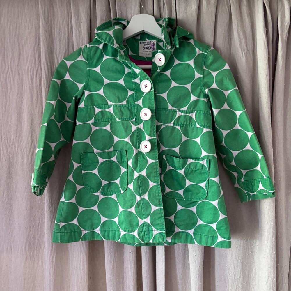 Classic Mini Boden Girls Polka Dot Hooded Jacket 5-6Y Green White Cotton